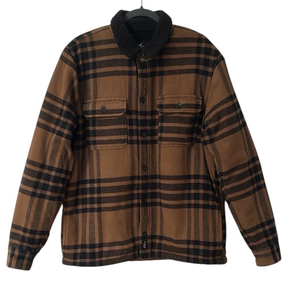Hollister Brown Flannel Plaid Shirt Mens Sherpa Lined Lumberjack Jacket Size L